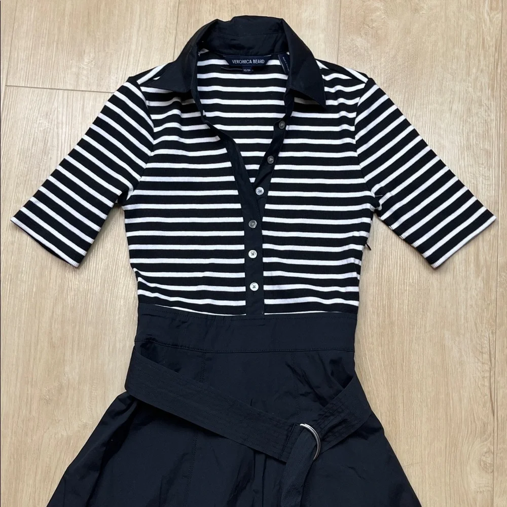 Veronica Beard Black & White Striped Polo Midi with Black Skirt - Picture 6 of 8